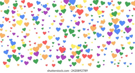 Heart confetti valentine overlay.  Rainbow colored scattered hearts. LGBT valentine card.  Joyfull heart confetti vector illustration