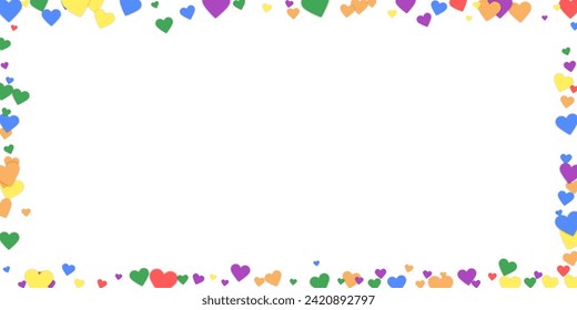 Heart confetti valentine overlay.  Rainbow colored scattered hearts. LGBT valentine card.  Joyfull heart confetti vector illustration