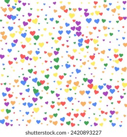 Heart confetti valentine overlay.  Rainbow colored scattered hearts. LGBT valentine card.  Joyfull heart confetti vector illustration