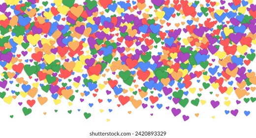 Heart confetti valentine overlay.  Rainbow colored scattered hearts. LGBT valentine card.  Joyfull heart confetti vector illustration