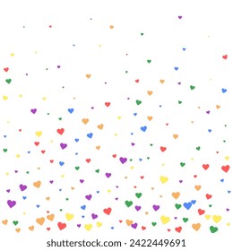 Heart confetti valentine overlay.  Rainbow colored scattered hearts. LGBT valentine card.  Joyfull heart confetti vector illustration