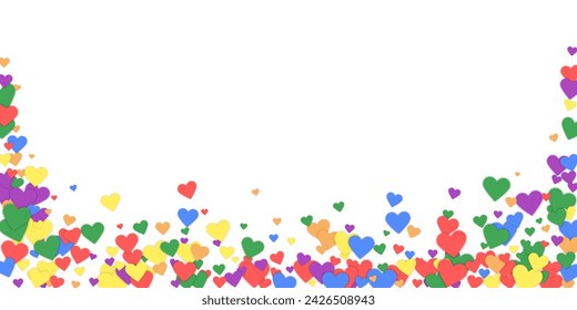 Heart confetti valentine overlay.  Rainbow colored scattered hearts. LGBT valentine card.  Joyfull heart confetti vector illustration