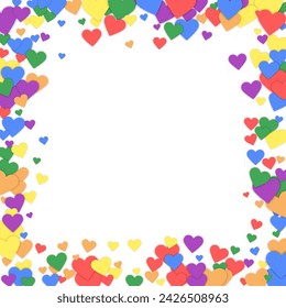 Heart confetti valentine overlay.  Rainbow colored scattered hearts. LGBT valentine card.  Joyfull heart confetti vector illustration