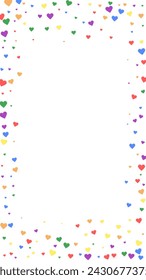 Heart confetti valentine overlay.  Rainbow colored scattered hearts. LGBT valentine card.  Joyfull heart confetti vector illustration