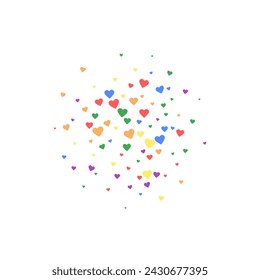 Heart confetti valentine overlay.  Rainbow colored scattered hearts. LGBT valentine card.  Joyfull heart confetti vector illustration