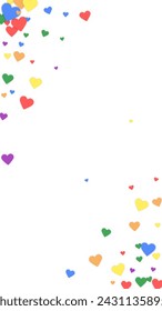 Heart confetti valentine overlay.  Rainbow colored scattered hearts. LGBT valentine card.  Joyfull heart confetti vector illustration