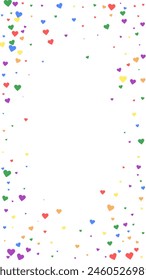 Heart confetti valentine overlay.  Rainbow colored scattered hearts. LGBT valentine card.  Joyfull heart confetti vector illustration