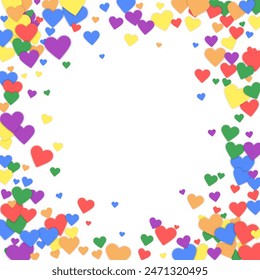 Heart confetti valentine overlay.  Rainbow colored scattered hearts. LGBT valentine card.  Joyfull heart confetti vector illustration