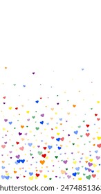 Heart confetti valentine overlay.  Rainbow colored scattered hearts. LGBT valentine card.  Joyfull heart confetti vector illustration