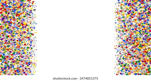 Heart confetti valentine overlay.  Rainbow colored scattered hearts. LGBT valentine card.  Joyfull heart confetti vector illustration