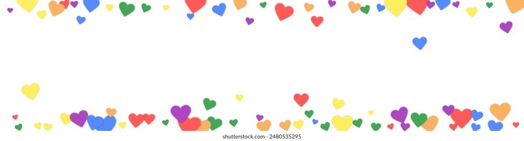 Heart confetti valentine overlay.  Rainbow colored scattered hearts. LGBT valentine card.  Joyfull heart confetti vector illustration