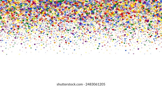 Heart confetti valentine overlay.  Rainbow colored scattered hearts. LGBT valentine card.  Joyfull heart confetti vector illustration