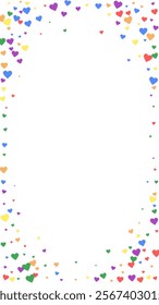 Heart confetti valentine overlay.  Rainbow colored scattered hearts. LGBT valentine card.  Joyfull heart confetti vector illustration