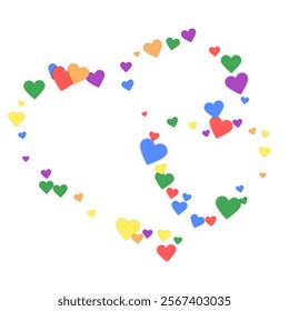 Heart confetti valentine overlay.  Rainbow colored scattered hearts. LGBT valentine card.  Joyfull heart confetti vector illustration