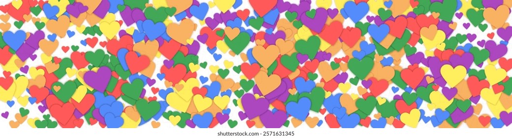 Heart confetti valentine overlay.  Rainbow colored scattered hearts. LGBT valentine card.  Joyfull heart confetti vector illustration