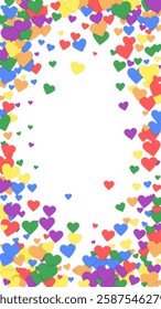 Heart confetti valentine overlay.  Rainbow colored scattered hearts. LGBT valentine card.  Joyfull heart confetti vector illustration