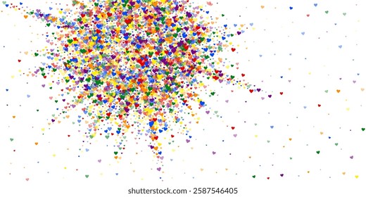 Heart confetti valentine overlay.  Rainbow colored scattered hearts. LGBT valentine card.  Joyfull heart confetti vector illustration