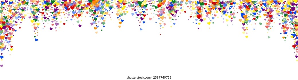 Heart confetti valentine overlay.  Rainbow colored scattered hearts. LGBT valentine card.  Joyfull heart confetti vector illustration