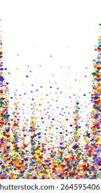 Heart confetti valentine overlay.  Rainbow colored scattered hearts. LGBT valentine card.  Joyfull heart confetti vector illustration