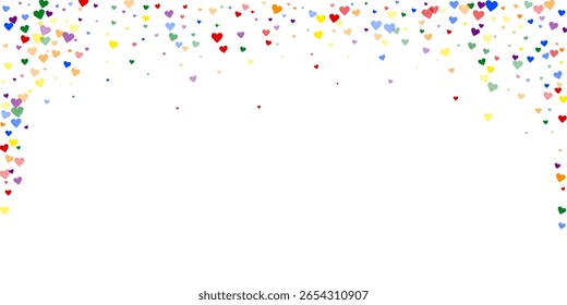Cobertura de confetes valentinos cardíacos.  Corações espalhados coloridos com arco-íris. Cartão de Dia dos Namorados LGBT.  Ilustração de vetor de confete de coração alegre
