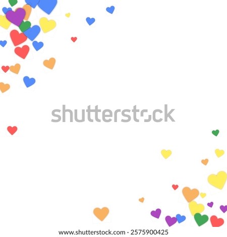 Heart confetti valentine overlay.  Rainbow colored scattered hearts. LGBT valentine card.  Joyfull heart confetti vector illustration