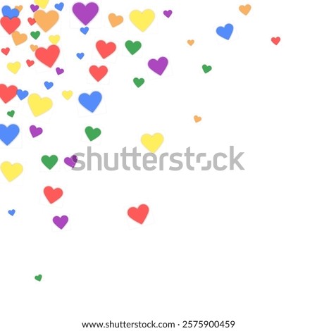 Heart confetti valentine overlay.  Rainbow colored scattered hearts. LGBT valentine card.  Joyfull heart confetti vector illustration