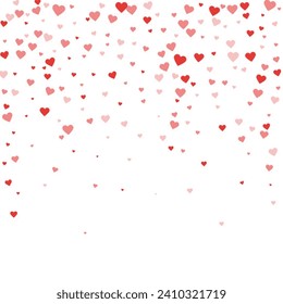 Heart confetti valentine overlay.  Red hearts scattered on white background. Joyfull heart confetti vector illustration