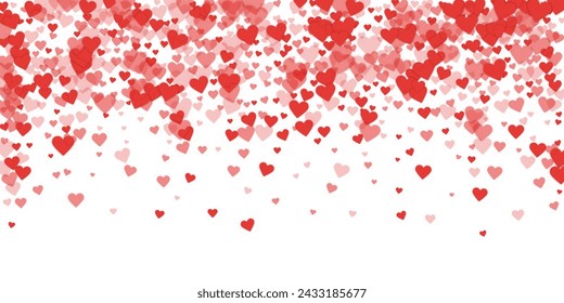 Heart confetti valentine overlay.  Red hearts scattered on white background. Joyfull heart confetti vector illustration