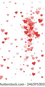 Heart confetti valentine overlay.  Red hearts scattered on white background. Joyfull heart confetti vector illustration