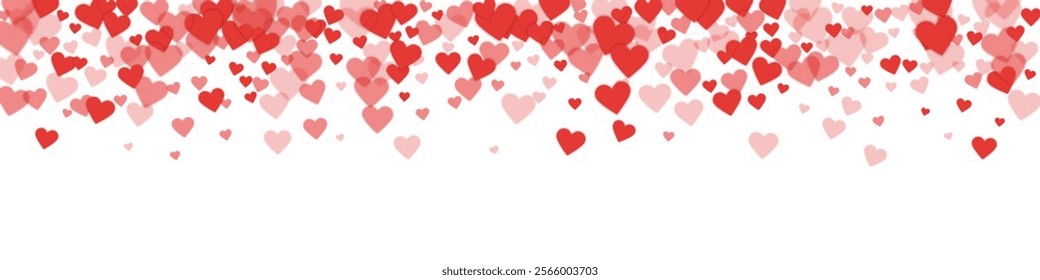 Heart confetti valentine overlay.  Red hearts scattered on white background. Joyfull heart confetti vector illustration