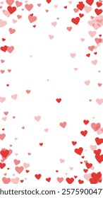 Heart confetti valentine overlay.  Red hearts scattered on white background. Joyfull heart confetti vector illustration