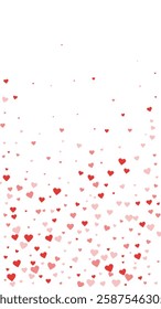 Heart confetti valentine overlay.  Red hearts scattered on white background. Joyfull heart confetti vector illustration