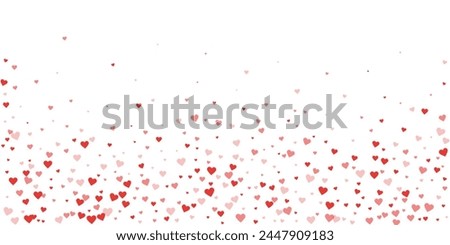 Heart confetti valentine overlay.  Red hearts scattered on white background. Joyfull heart confetti vector illustration