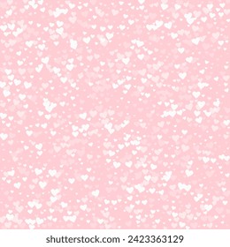 Heart confetti valentine overlay.  White hearts scattered on pink background. Joyfull heart confetti vector illustration