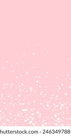Heart confetti valentine overlay.  White hearts scattered on pink background. Joyfull heart confetti vector illustration