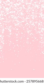 Heart confetti valentine overlay.  White hearts scattered on pink background. Joyfull heart confetti vector illustration