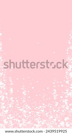 Heart confetti valentine overlay.  White hearts scattered on pink background. Joyfull heart confetti vector illustration