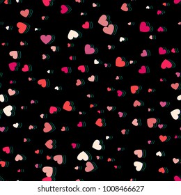 Heart confetti of Valentines petals falling on black background. Glitch and Color Channels Effects.  Flower petal in shape of heart confetti for Women's Day