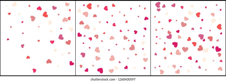 Heart confetti of Valentines petals falling on white background. Flower petal in shape of heart confetti for Women's Day. Set 3 in 1