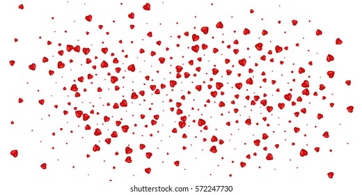 Heart confetti of Valentines petals falling on white background. Flower petal in shape of heart confetti. Valentines card