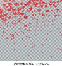 Heart confetti of Valentines petals falling on transparent background. Flower petal in shape of heart confetti.