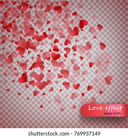 Heart confetti of Valentines petals falling on transparent background. Valentines Day background of red hearts petals falling.  Decor element for greeting cards. Transparent vector effect