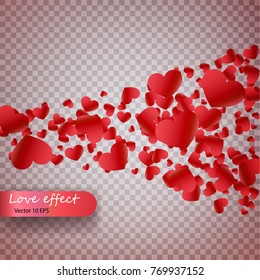 Heart confetti of Valentines petals falling on transparent background. Valentines Day background of red hearts petals falling.  Decor element for greeting cards. Transparent vector effect