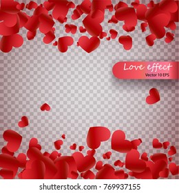 Heart confetti of Valentines petals falling on transparent background. Valentines Day background of red hearts petals falling.  Decor element for greeting cards. Transparent vector effect