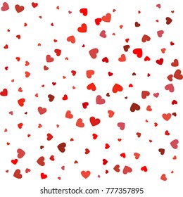 Heart confetti of Valentines petals falling on white background. Flower petal in shape of heart confetti for Women's Day