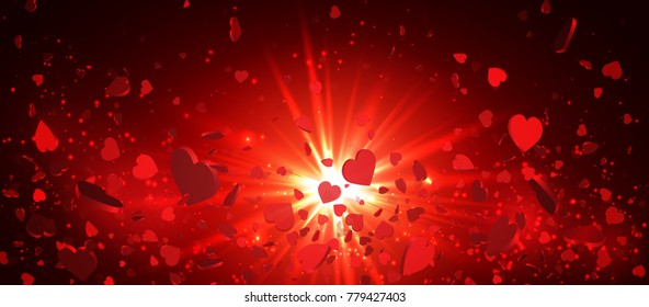 Heart confetti of Valentines petals falling on red background. Flower petal in shape of heart confetti for Women's Day.