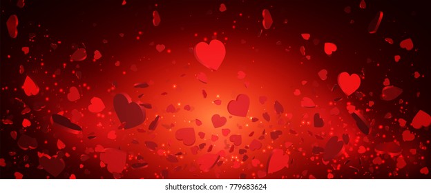 Heart confetti of Valentines petals falling on pink background. Flower petal in shape of heart confetti for Women's Day.