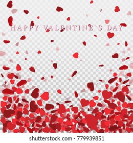 Heart confetti of Valentines petals falling on transparent background. Flower petal in shape of heart confetti for Women's Day.