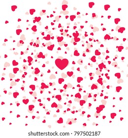 Heart confetti of Valentines petals falling on white background. Flower petal in shape of heart confetti for Women's Day