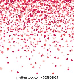 Heart confetti. Valentines, Womens, Mothers day background with falling red and pink paper hearts, petals. Greeting wedding card. February 14, love.White background.